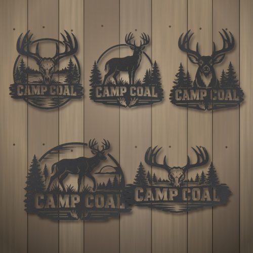 Personalized deer camp signs: five plasma-cut steel designs