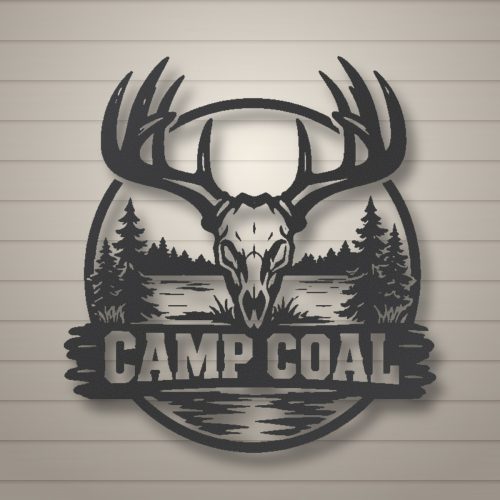 Deer camp sign with buck skull over a lake, black steel