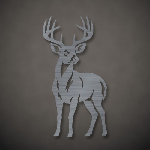 Standing whitetail buck metal wall art in brushed steel on a dark wall