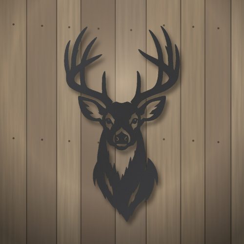 Whitetail buck mount metal wall art in black powder coat on a barnwood wall