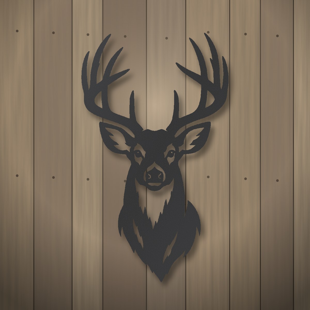 Whitetail buck mount metal wall art in black powder coat on a barnwood wall
