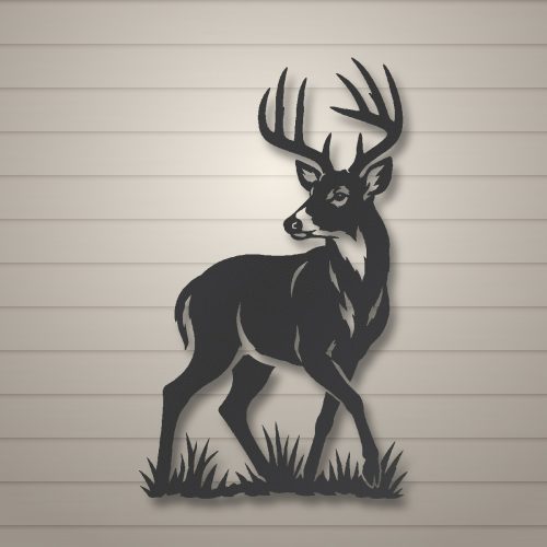 Whitetail buck on the move metal wall art in black powder coat on a white shiplap wall