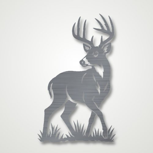 Whitetail buck on the move steel wall art with grass, in brushed steel
